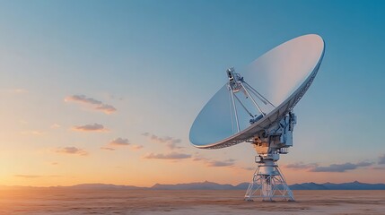 Satellite dish installation desert landscape technology sunset wide-angle view communication