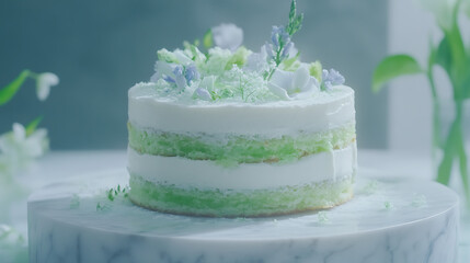 Delicate Green Layer Cake Adorned with Pastel Flowers and Cream on Marble Stand Backdrop