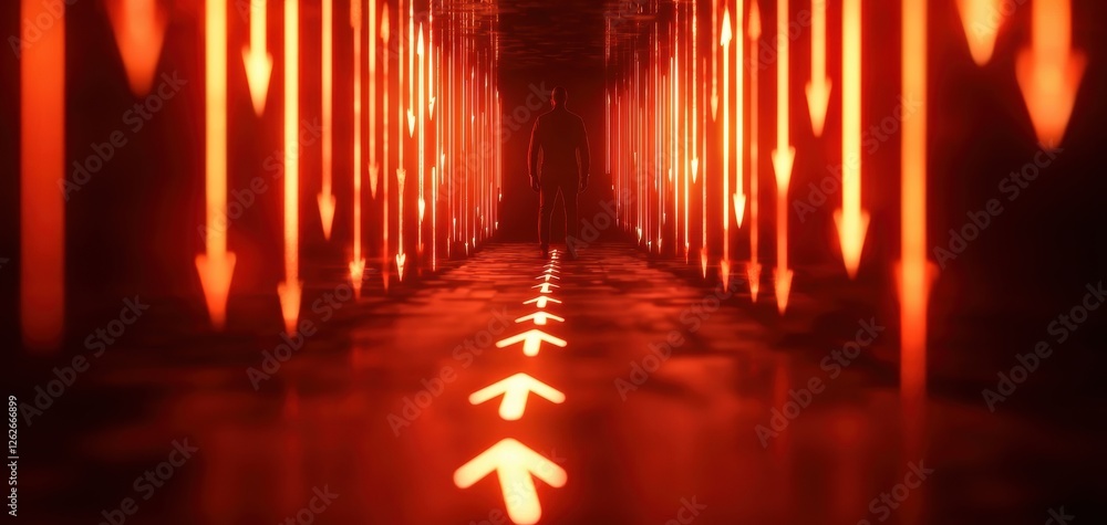 Poster a vibrant corridor illuminated with red arrows pointing upward, creating a dynamic and energetic atm