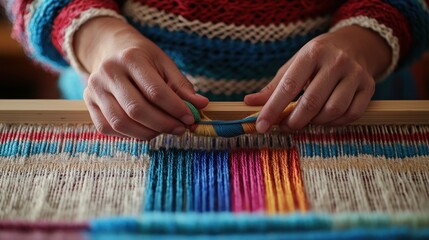 Hands weaving colorful tapestry at loom, vibrant background