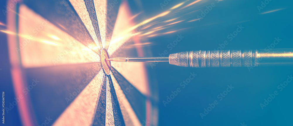 Poster a dart strikes a dartboard's bullseye, creating a burst of light, highlighting precision and focus i