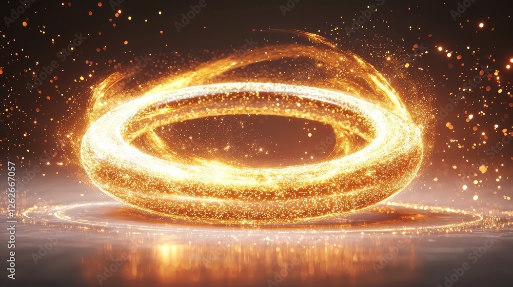 Aufkleber a golden circular frame encircled by sparkles and flares, displaying abstract luminous particles and