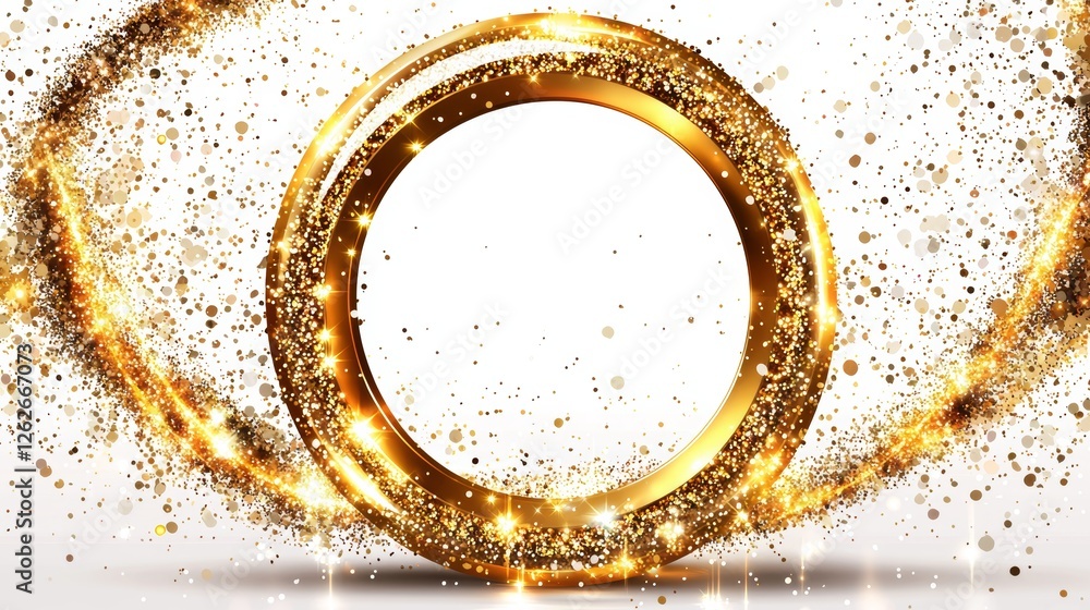 Poster a dark background features a golden circular frame surrounded by sparkles and flares, illuminated by