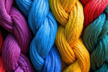 interwoven colorful ropes forming unity symbol, dynamic composition, metaphorical lighting, textural detail