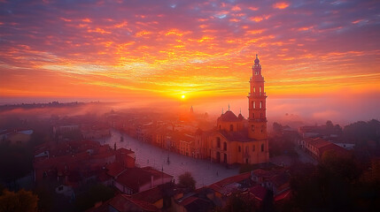 Naklejka premium Sunrise over foggy town square, church bell tower, Italian landscape, travel photography