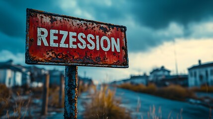 A faded "REZESSION" sign on an old, weather-beaten pole, darkened metal surface with peeling paint, overcast sky providing even, cool light, surrounding street empty with overgrown weeds, atmosphere