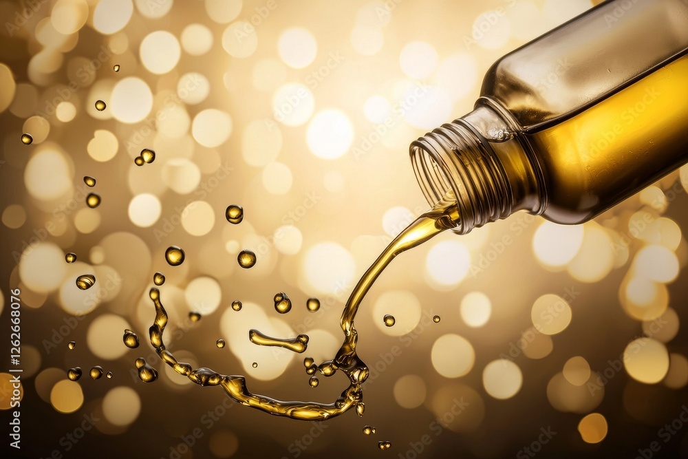 Poster a stream of golden liquid pours from a bottle, generating dynamic splashes and swirling patterns aga