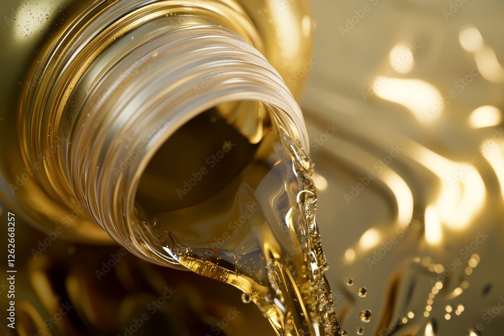 Poster the pouring of golden liquid from a bottle creates dynamic splashes and swirling patterns on a shiny