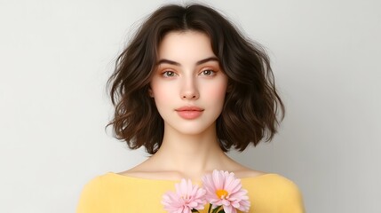 Fototapeta premium Portrait of a young woman holding flowers studio photography bright background close-up beauty