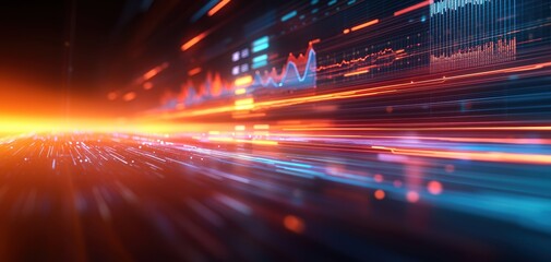 Abstract visual of dynamic light streaks, representing speed and data flow, featuring vibrant colors and graphical elements.