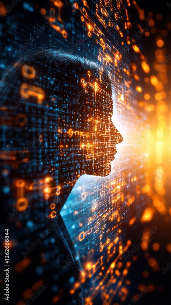Poster a silhouette of a person is illuminated by a vibrant digital background of glowing data and binary c