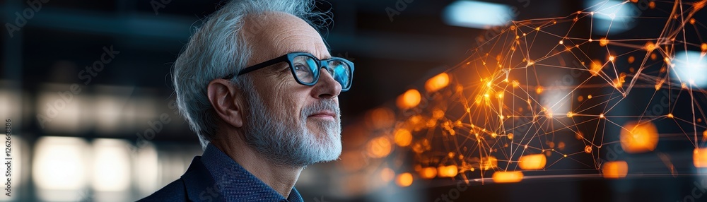 Poster a thoughtful man with glasses gazes into the distance, surrounded by glowing data points, symbolizin