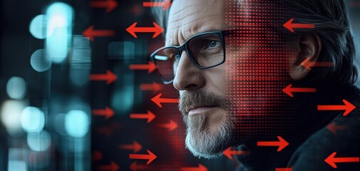 A focused man with glasses contemplates amidst a backdrop of red arrows and digital patterns, conveying a sense of tension and intrigue.