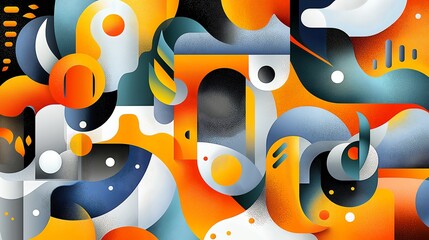 Vibrant Geometric Abstraction Featuring Orange Blue and White Pixelated Design