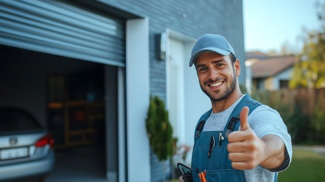 Professional worker expressing approval with a thumbs-up gesture outside a residential garage