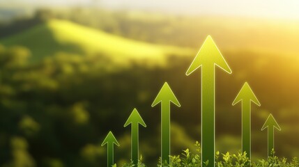 A vibrant image of green arrows pointing upwards, symbolizing growth and progress against a soft, blurred natural landscape.