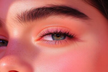 Obraz premium Close-up of a youthful face showcasing vibrant eye makeup and natural skin glow in soft light