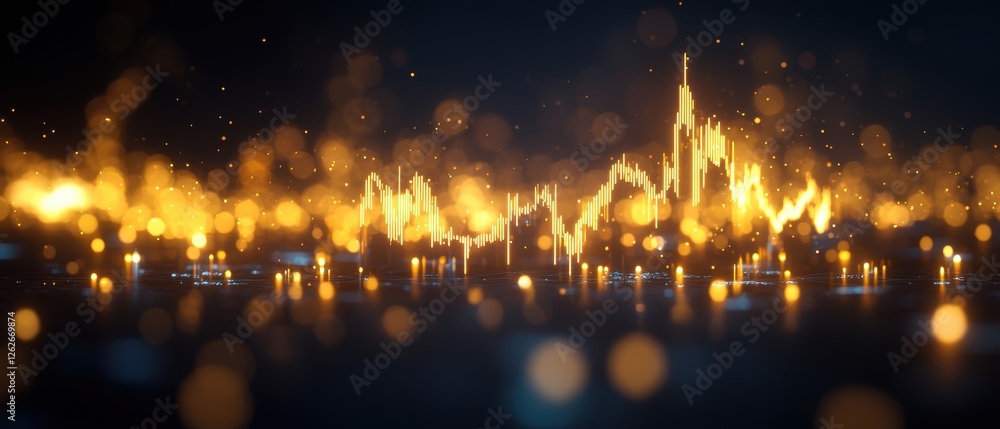 Poster an abstract representation of sound waves, featuring vibrant golden hues and luminous particles agai