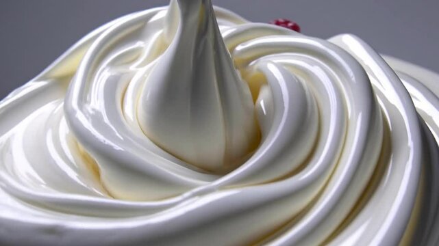 Close-up macro shot of a creamy yogurt with raspberries whirling on a white background, which seems vanilla ice cream, motion graphics.
