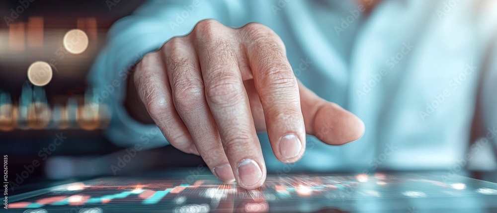Poster a hand interacts with a digital touchscreen displaying colorful data visualizations, suggesting adva