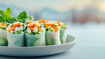 Fresh vegetarian spring rolls loaded with colorful vegetables, perfect for a healthy appetizer, snack, or lunch option.