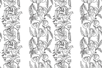 Line art abstract seamless pattern with growing tomatoes and peas vector illustration. Hand drawn outline repeating vegetables pattern in white background. Graphic design for Wallpaper Coloring Book