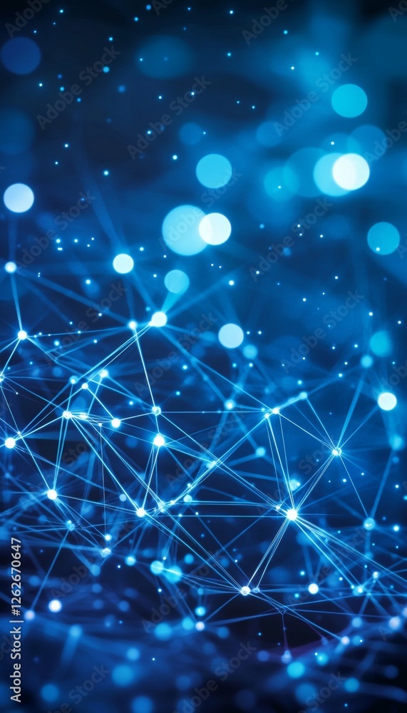 Poster abstract blue network futuristic connection, data technology with glowing nodes lines.