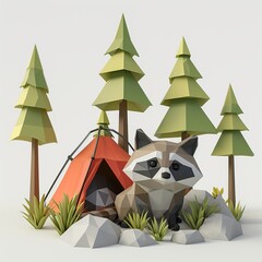 low poly camping scene with cute raccoon, minimalist 3d nature illustration with tent and pine trees