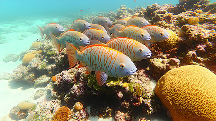 Obraz premium Tropical fish schooling on coral reef, underwater scene, ocean background, ideal for marine life documentaries