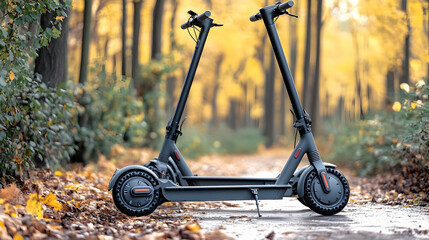 Two electric scooters parked on autumn path