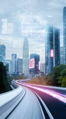 Fototapeta premium A futuristic cityscape featuring skyscrapers, illuminated signage, and a dynamic roadway, blending nature with advanced technology.