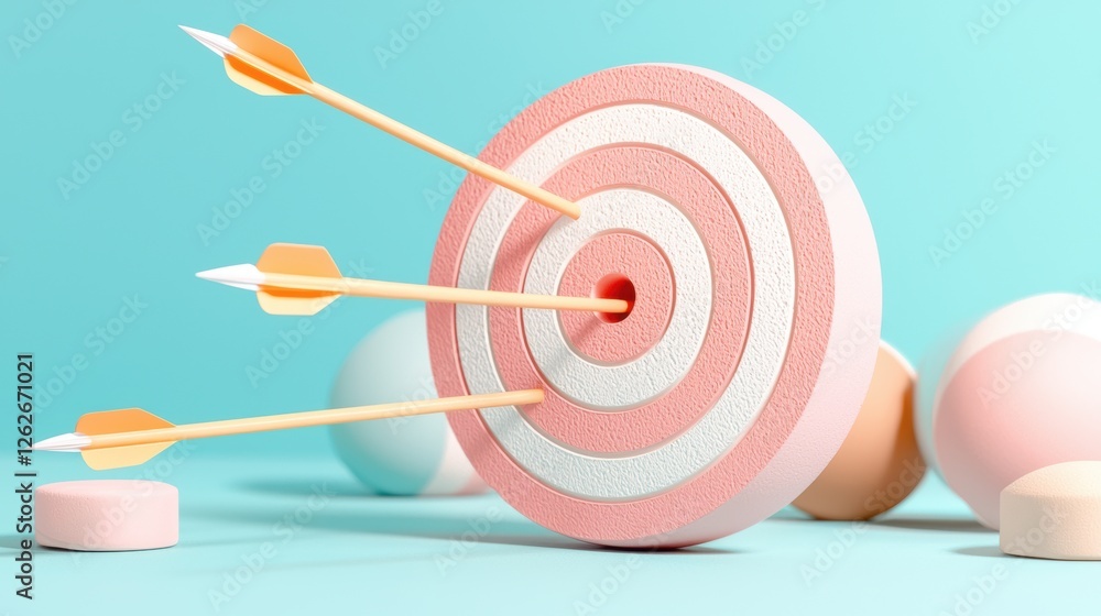 Poster a colorful target with arrows embedded in it, representing precision and focus, set against a soft b