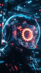 Naklejka premium Futuristic astronaut helmet illuminated with intricate circuitry in a neon-lit digital landscape