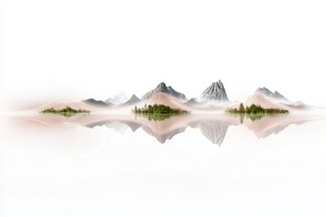 Fototapeta premium A serene landscape featuring misty mountains reflected in calm water, with hints of greenery blending into a tranquil atmosphere.