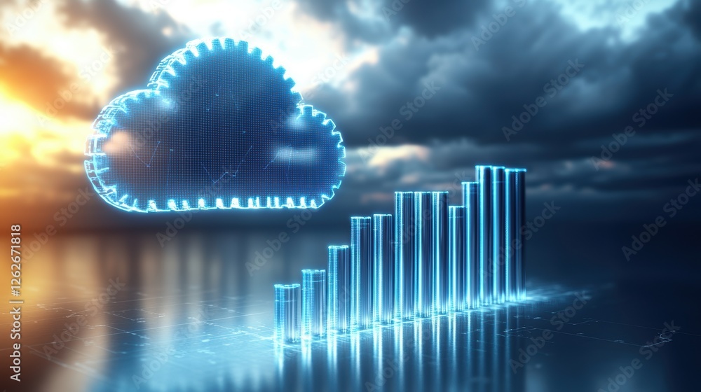 Poster a futuristic cloud computing graphic with upward-trending bar charts, symbolizing data growth and in
