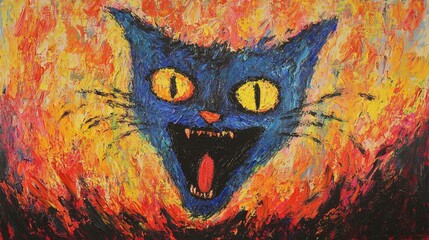 Vibrant blue cat head roaring against a fiery orange and yellow background in an expressive painting style