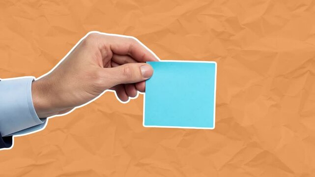 Male hand in office shirt trying to attach empty blue sticky note. Reminder concept. Empty space for text. Stop motion animation on peach paper background