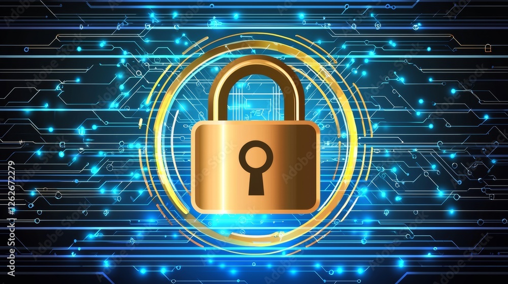 Poster a stock illustration showing a cyber security concept with a padlock, network data, and dynamic line