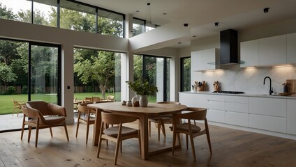 Fototapeta premium Modern dining and kitchen area with open design, large windows, and minimalist furniture