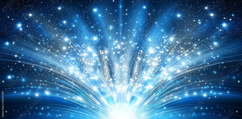 Poster an abstract digital landscape with glowing lines and dots against a dark blue backdrop, representing