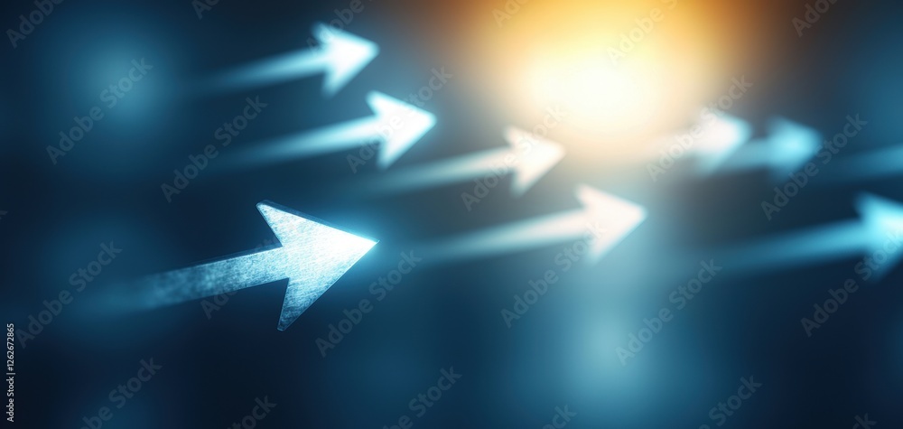 Poster the image features dynamic arrows pointing towards a bright light, symbolizing direction, progress, 
