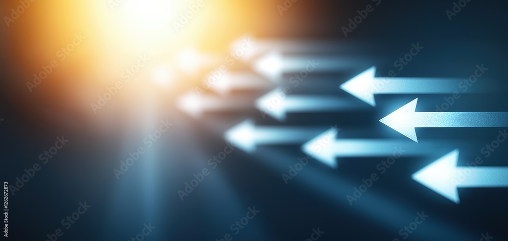 Poster abstract image featuring glowing arrows pointing right, symbolizing progress, direction, and movemen