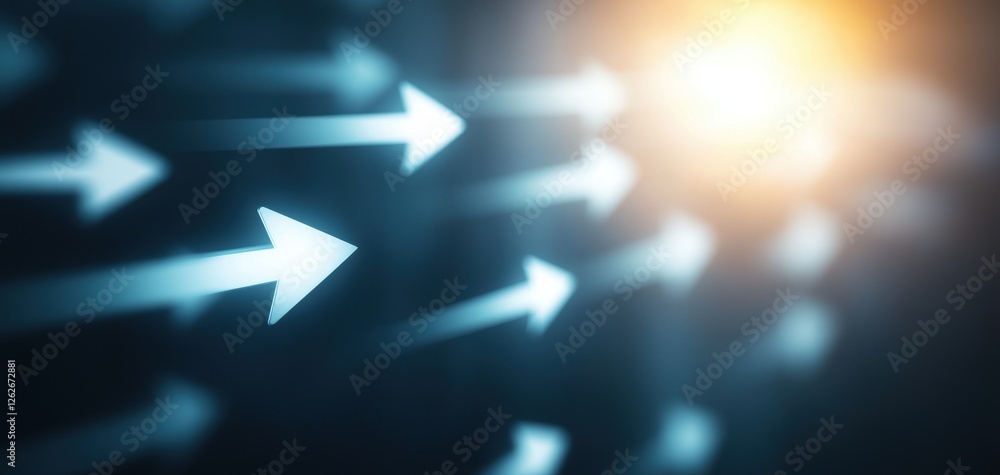 Poster abstract image of blue arrows pointing towards a bright light, symbolizing direction, progress, and 