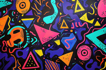 Fototapeta premium Bold abstract wallpaper featuring vibrant neon shapes and squiggles, reminiscent of 1980s design. colorful patterns create lively and energetic atmosphere