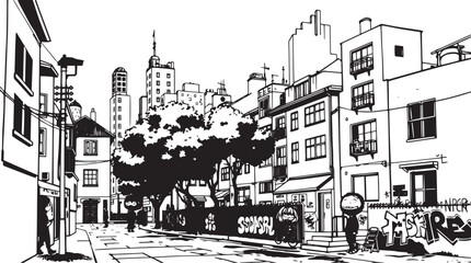 City landscape. Different buildings on street, outline cityscape hand sketch, flat houses. Hand drawn vector illustration