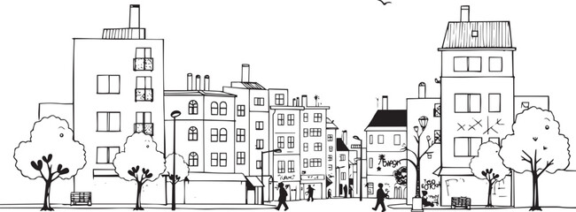 City landscape. Different buildings on street, outline cityscape hand sketch, flat houses. Hand drawn vector illustration