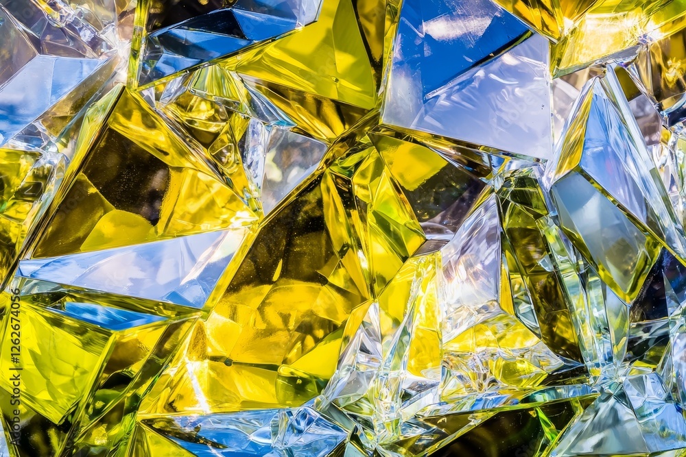 Poster lighted hexagonal mirrored tiles create a dynamic reflective ceiling design