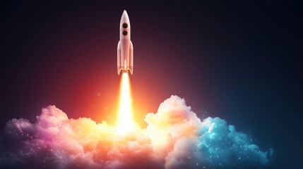 Obraz premium A rocket launches into space, soaring through colorful clouds, symbolizing adventure and innovation in aerospace technology.