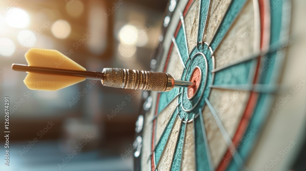Poster a close-up of a dart lodged in the bullseye of a dartboard, showcasing the vibrant colors and intric