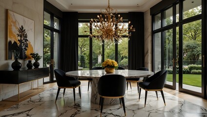 Fototapeta premium Modern dining room with round marble table, black chairs, and large windows with outdoor view